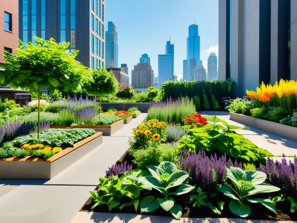 Un vibrante jardín urbano moderno, refugio de naturaleza entre rascacielos, con plantas verdes, flores coloridas y huertos pequeños