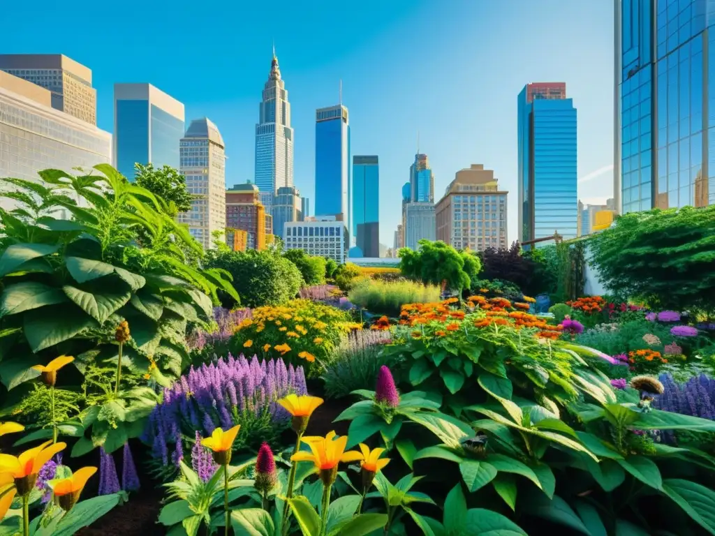 Un vibrante jardín urbano con plantas para polinización, ajetreo de polinizadores y armonía con la vida citadina