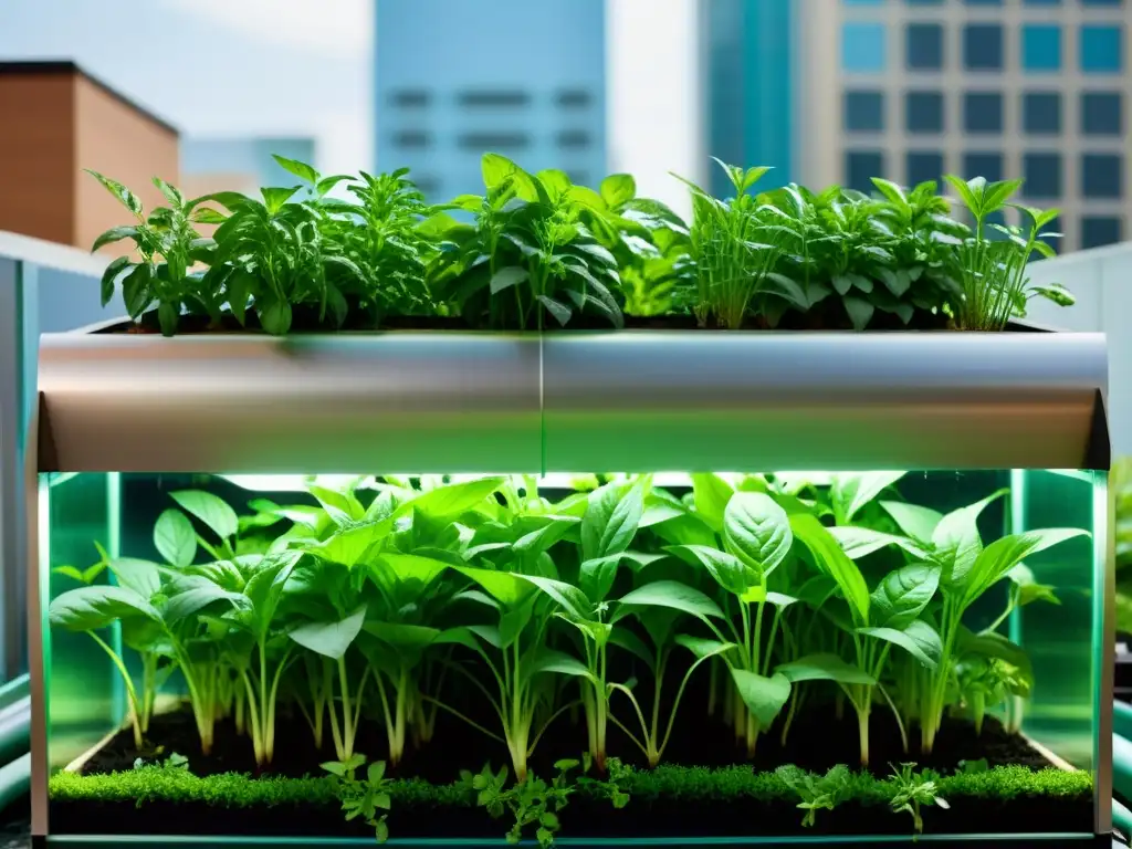 Vibrante jardín acuapónico urbano con plantas complementarias como albahaca, menta y cebollino