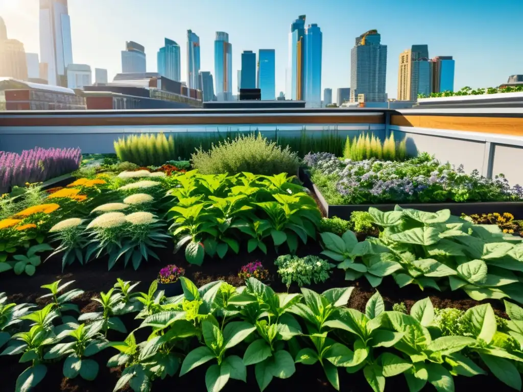 Vibrante jardín urbano con plantas enraizadas en compostaje en huertos urbanos, rodeado de edificios modernos