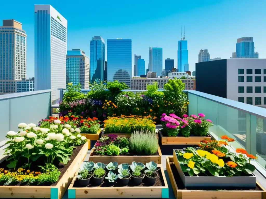 Vibrante jardín urbano con plantas y flores rodeado de edificios altos y cielo azul, destacando la importancia de la agricultura urbana