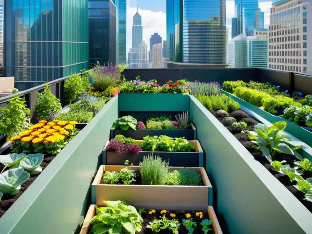 Un vibrante jardín urbano con plantas verdes y flores coloridas, rodeado de edificios y rascacielos