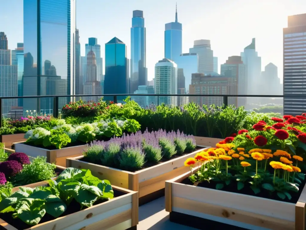 Vibrante jardín urbano entre rascacielos, con paralelismos entre agricultura urbana y vida citadina