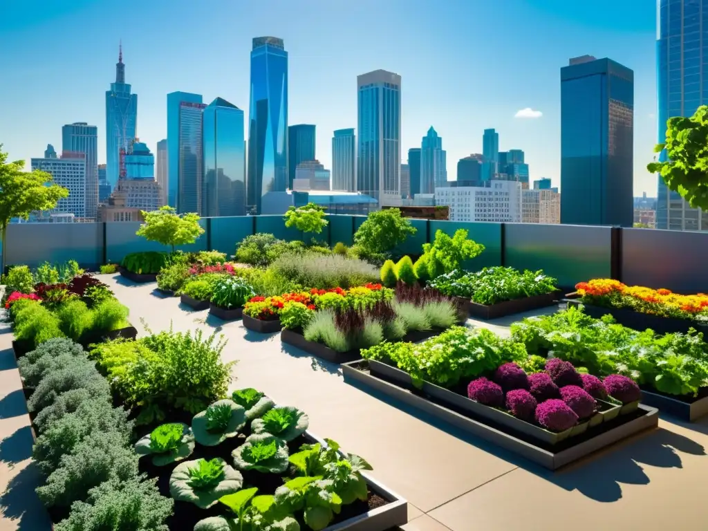 Un vibrante jardín urbano rebosante de vida y actividades agrícolas, rodeado de modernos edificios