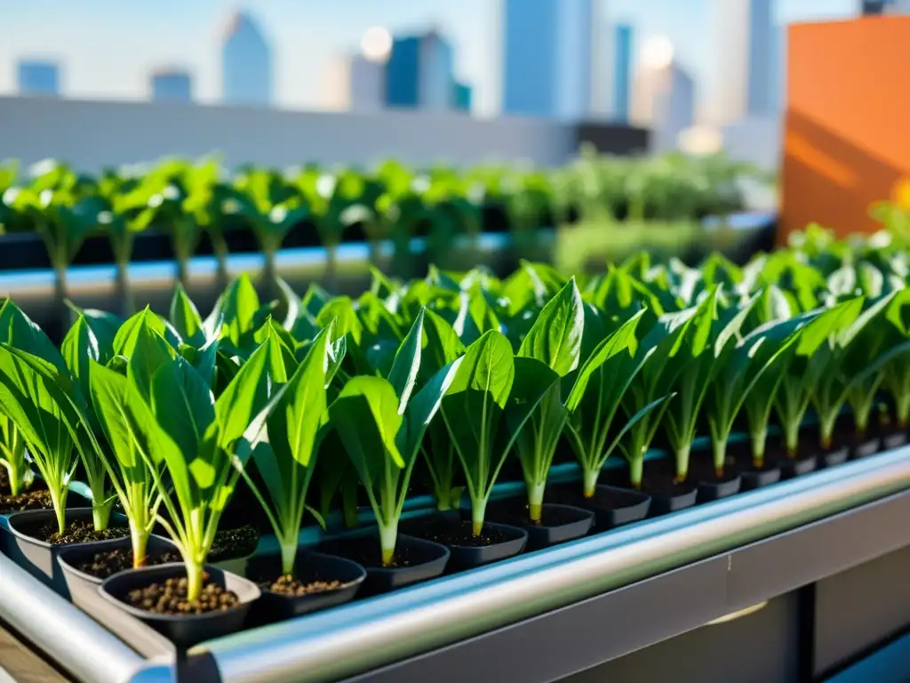 Vibrante jardín urbano con riego por goteo en acuaponía, tecnología agrícola avanzada