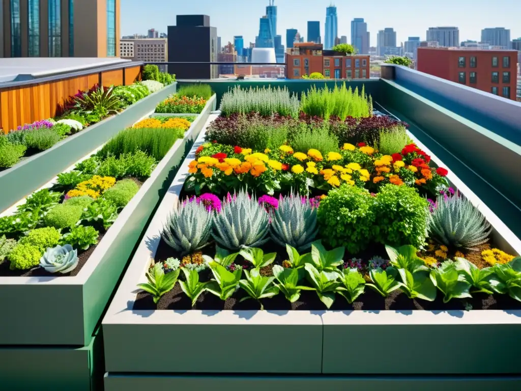 Vibrante jardín urbano con sistemas acuaponía, modernos y coloridos, capturando la armonía entre naturaleza y vida urbana