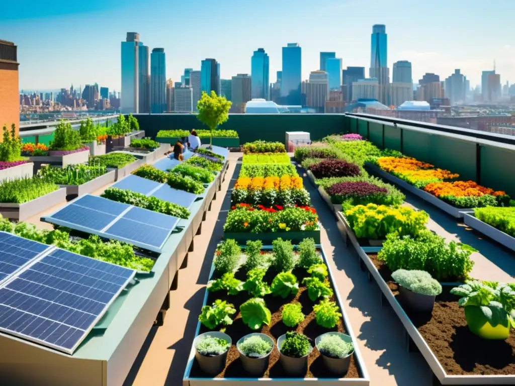 Un vibrante jardín urbano sostenible con hortalizas y flores, rodeado de arquitectura moderna