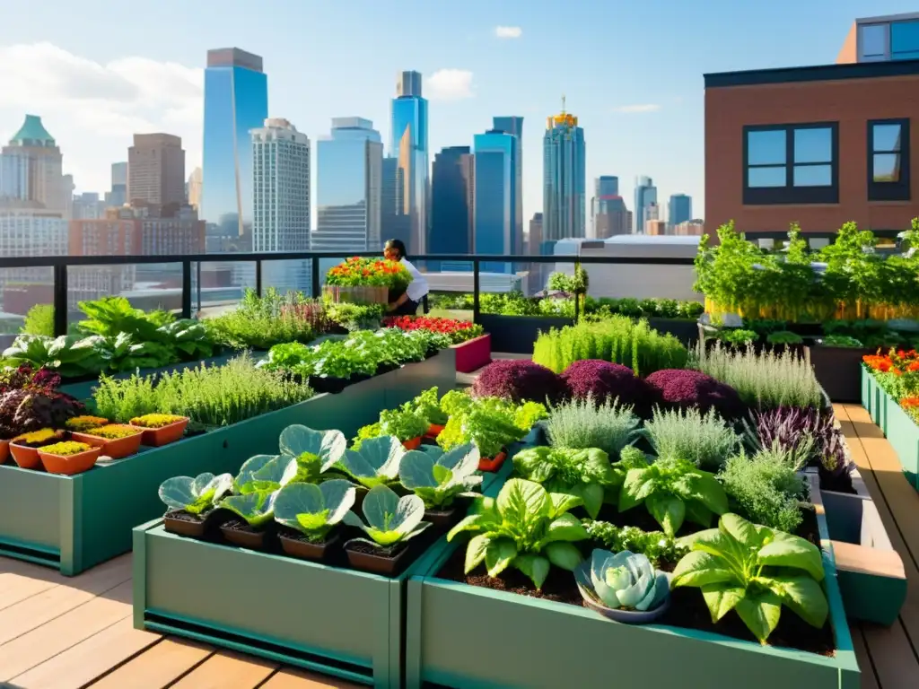 Un vibrante jardín urbano sostenible, con plantas y verduras coloridas, rodeado de rascacielos