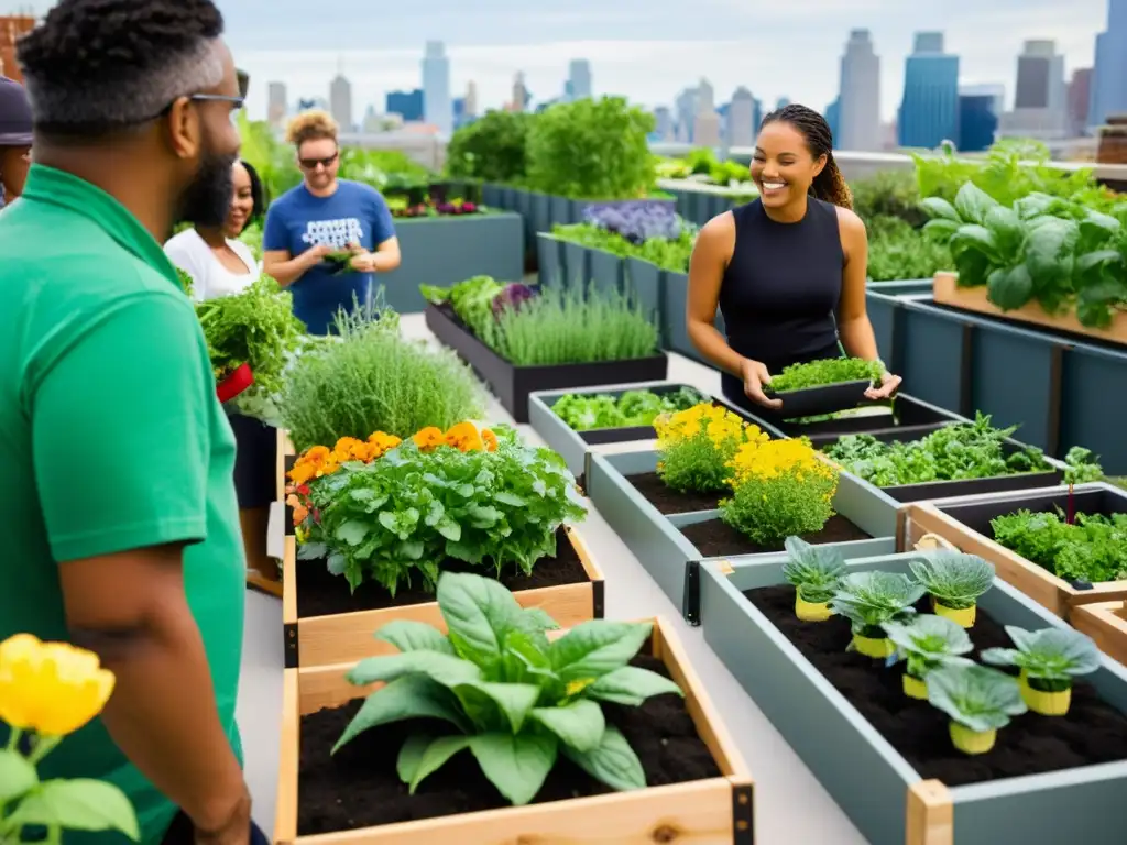 Un vibrante jardín urbano con un taller de agricultura urbana