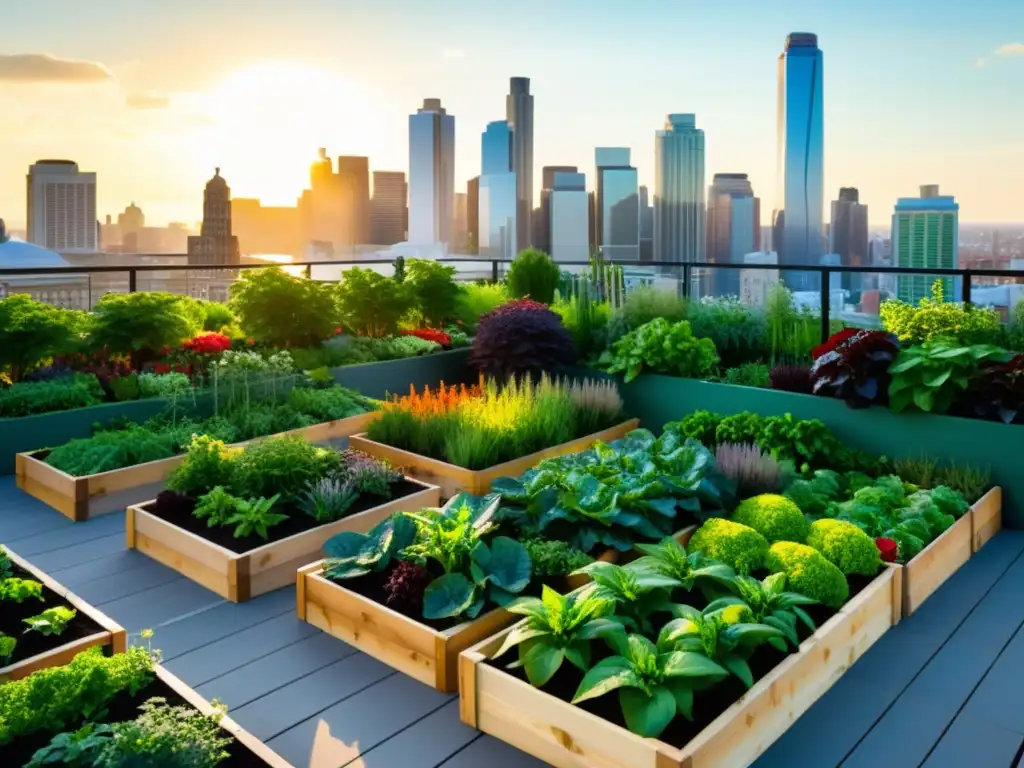 Jardín urbano vibrante: armonía natural en la ciudad Un vibrante jardín urbano con técnicas de conservación natural y huertos urbanos, integrando armoniosamente la naturaleza en la ciudad