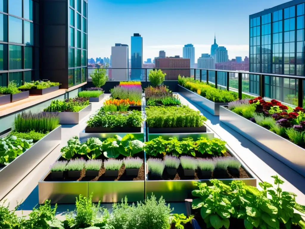 Un vibrante jardín urbano con vegetales y hierbas rodeado de edificios modernos de vidrio y acero