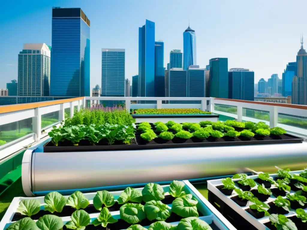 Vibrante jardín urbano con viabilidad acuaponía en agricultura urbana y skyline de la ciudad al fondo