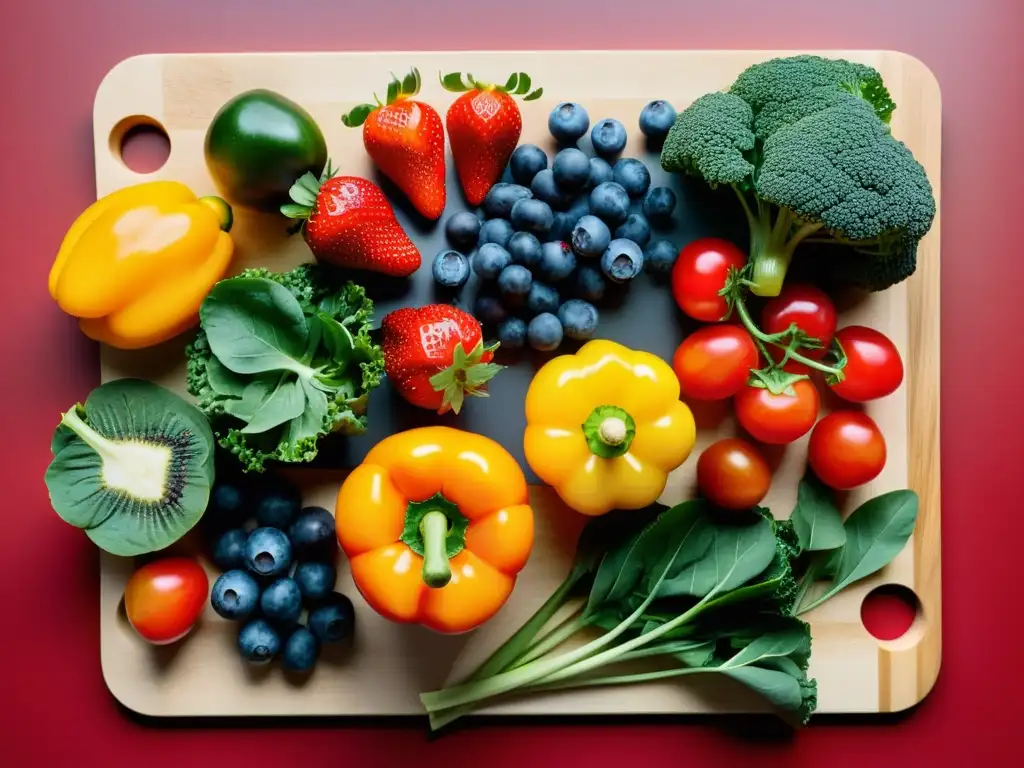 Una vibrante variedad de frutas y verduras frescas, con fresas, arándanos, kale y pimientos bellamente dispuestos en una tabla