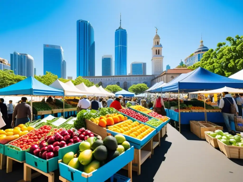 Vibrante venta de productos agricultura urbana en bullicioso mercado urbano con rascacielos y cielo azul claro