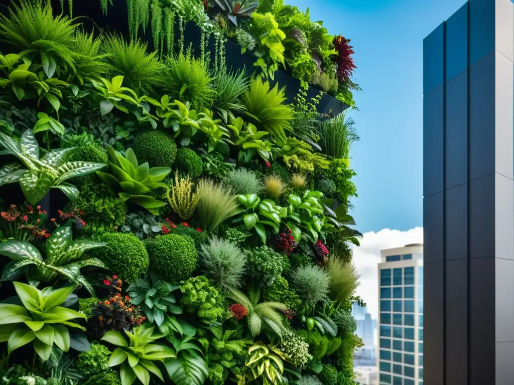 Vibrante jardín vertical en ambiente urbano con variedades de plantas para climas urbanos hostiles