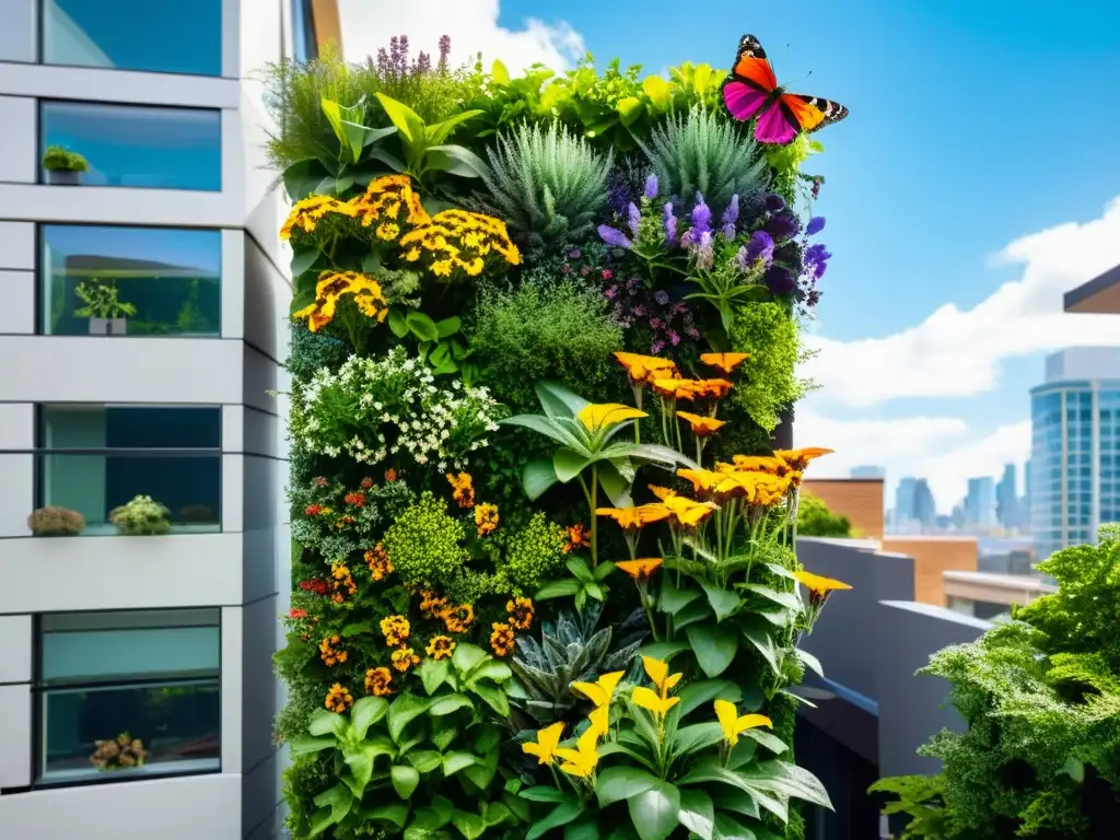 Vibrante jardín vertical biodiverso con flores coloridas y arquitectura moderna