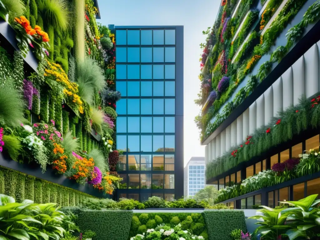 Vibrante jardín vertical en la ciudad, atrayendo abejas y mariposas urbanas