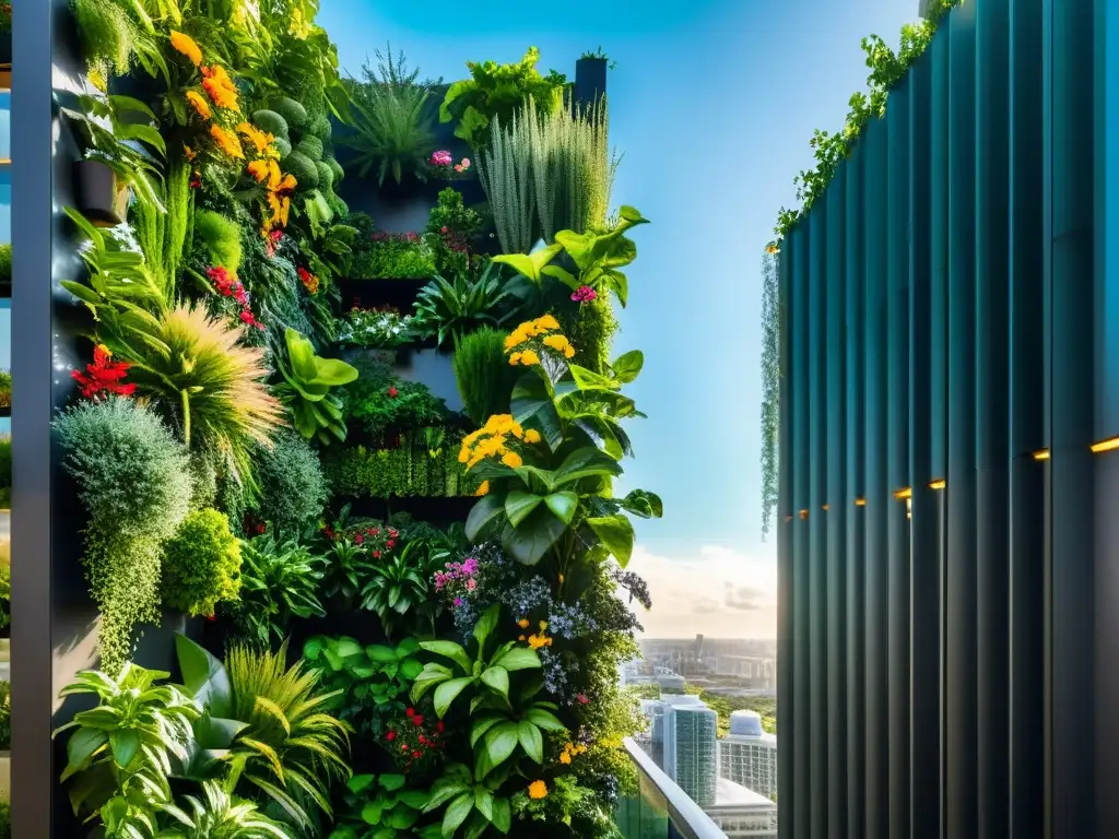 Vibrante jardín vertical en la ciudad, oasis ecológico