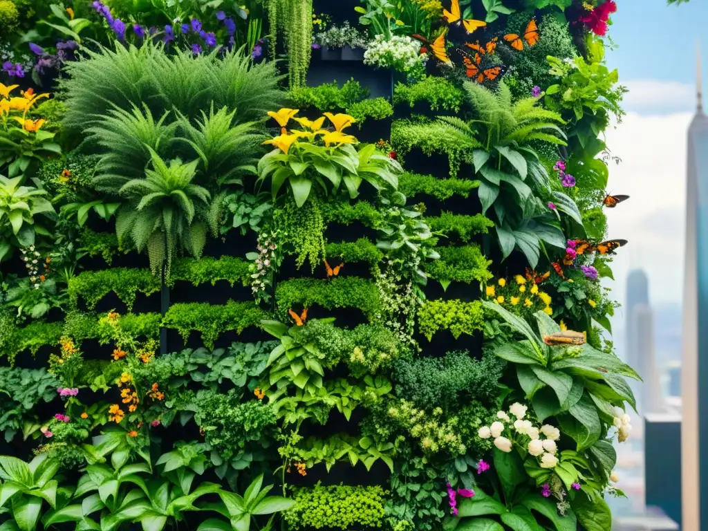 Vibrante jardín vertical en la ciudad, con polinizadores y biodiversidad