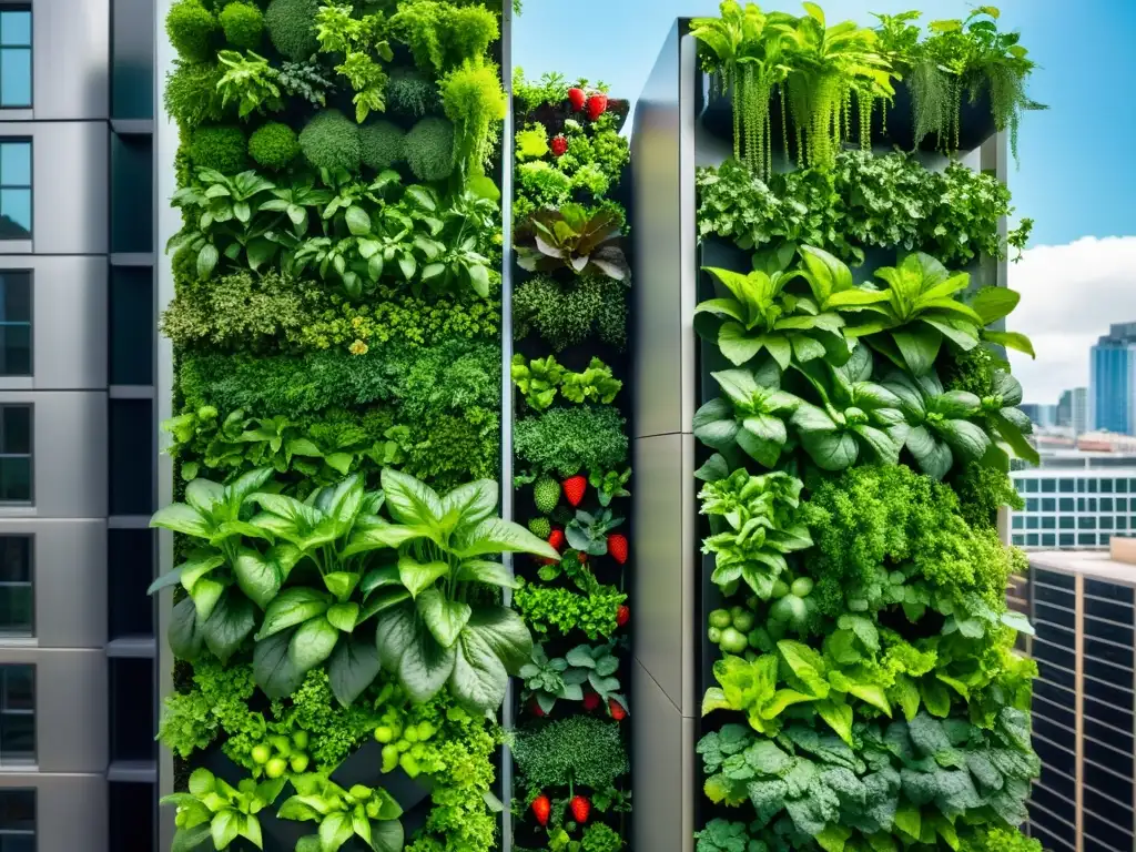 Vibrante jardín vertical comestible en edificio urbano, integrando naturaleza y arquitectura moderna