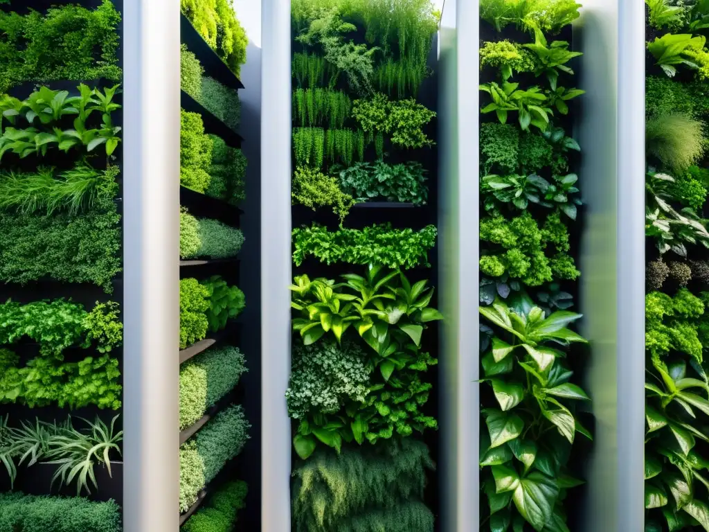 Vibrante jardín vertical mostrando compostaje para reducir huella carbono en entorno urbano