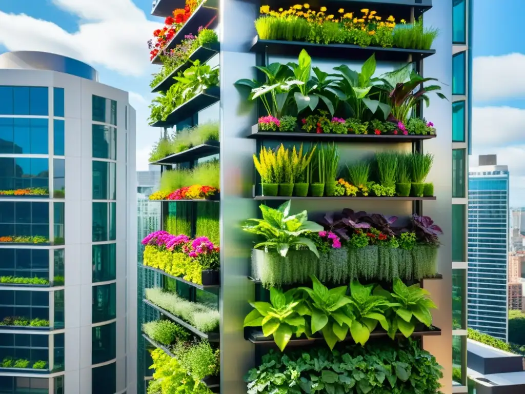 Vibrante jardín vertical en un edificio moderno, promoviendo la agricultura urbana en espacios comunitarios