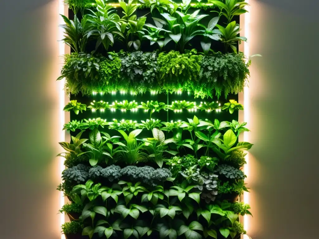 Vibrante jardín vertical con efectos de luz artificial resaltando el crecimiento saludable de las plantas