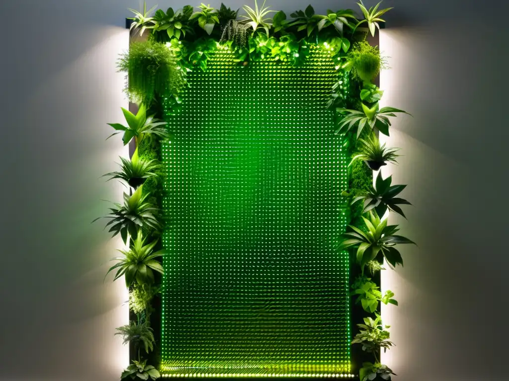 Vibrante jardín vertical con efectos de luz artificial en el crecimiento de plantas verticales en un entorno interior minimalista