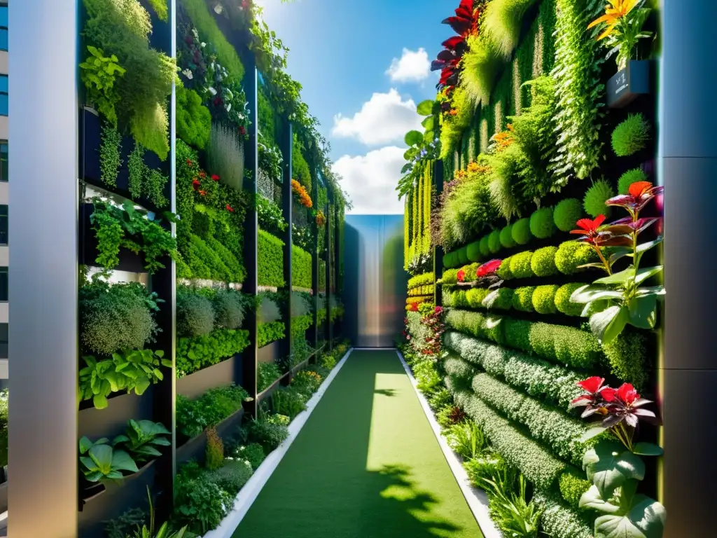 Vibrante jardín vertical futurista con Acuaponía automatizada agricultura urbana, innovación y naturaleza en armonía