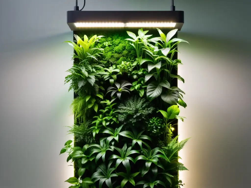 Vibrante jardín vertical iluminado por luces LED modernas, consejos iluminación huertos verticales espacios