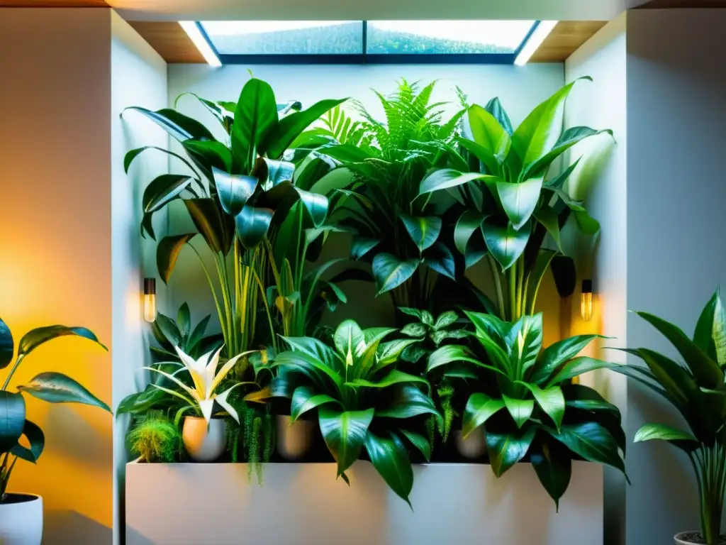 Vibrante jardín vertical interior con plantas purificadoras, brillo natural y elegancia moderna