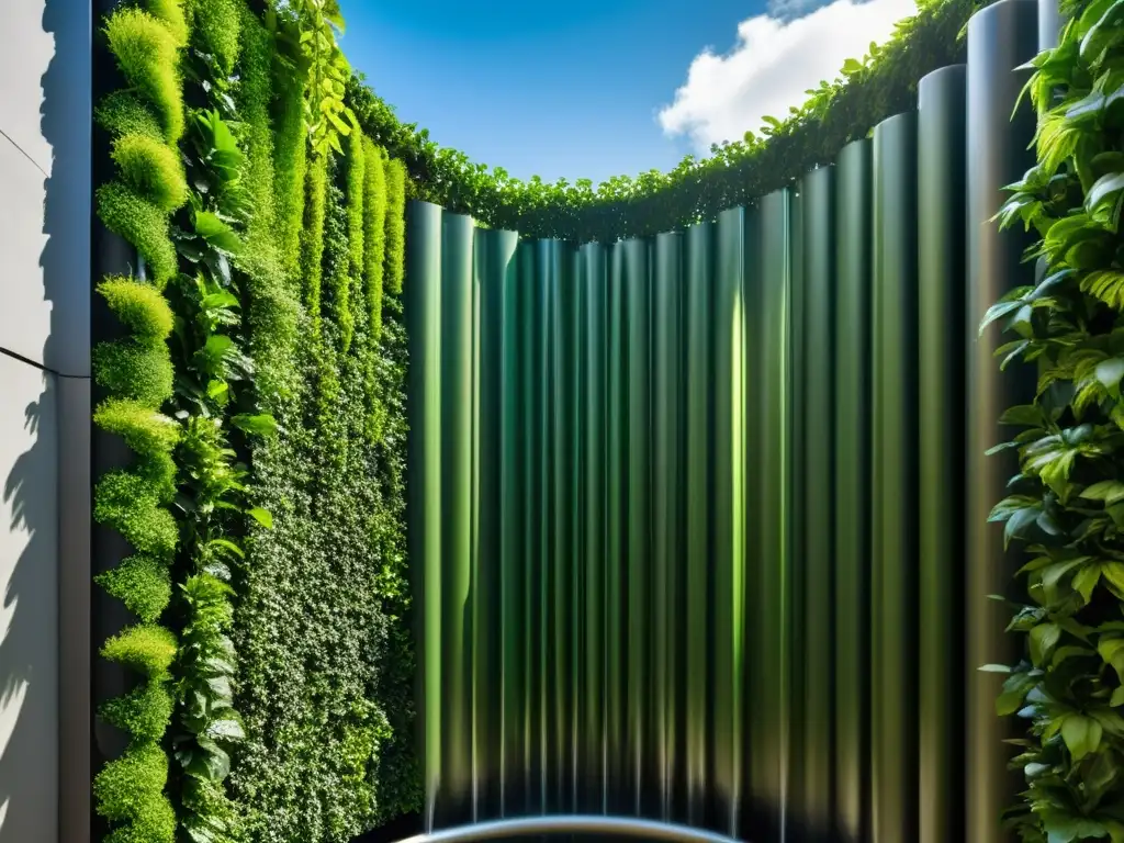 Vibrante jardín vertical moderno con innovadoras técnicas de ahorro de agua, reflejando una vida urbana sostenible y ecoamigable