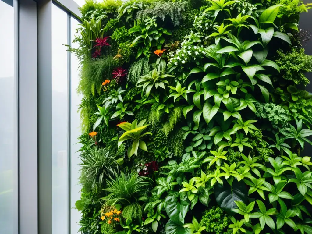 Vibrante jardín vertical con plantas exuberantes