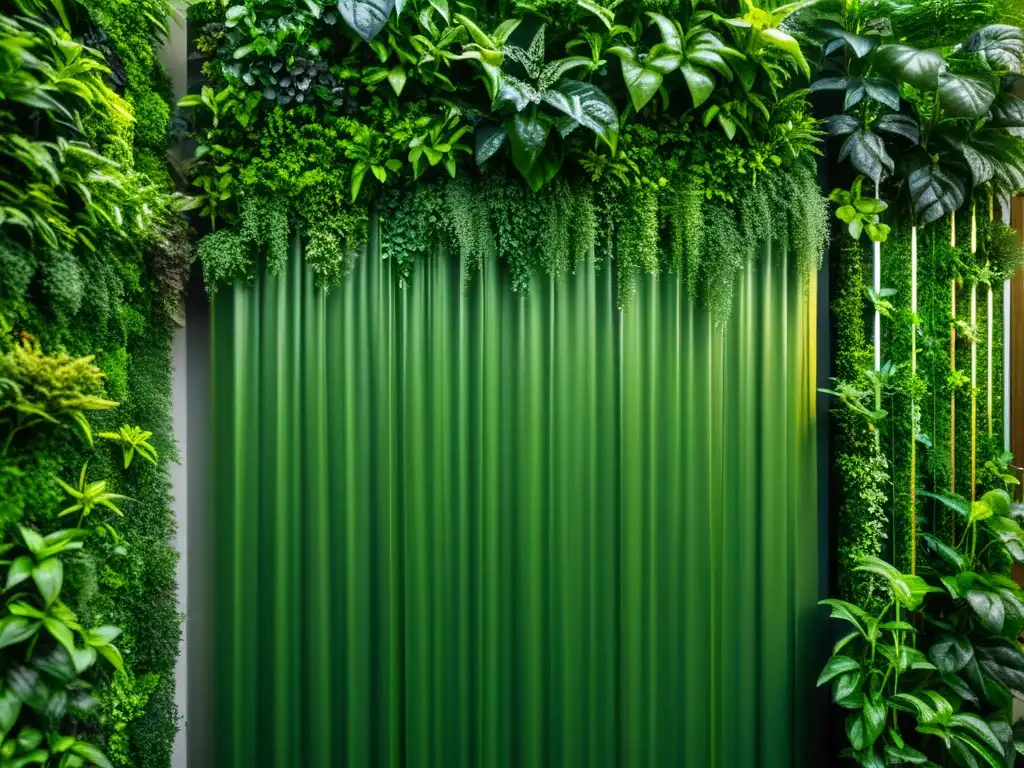 Vibrante jardín vertical con plantas exuberantes destacando el manejo de humedad para huertos verticales en un entorno controlado