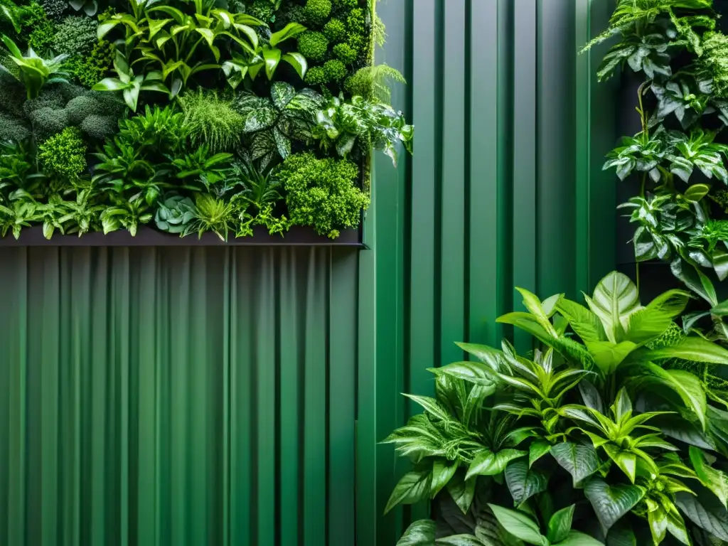 Vibrante jardín vertical con plantas sanas y variadas texturas, prevención botritis huertos verticales