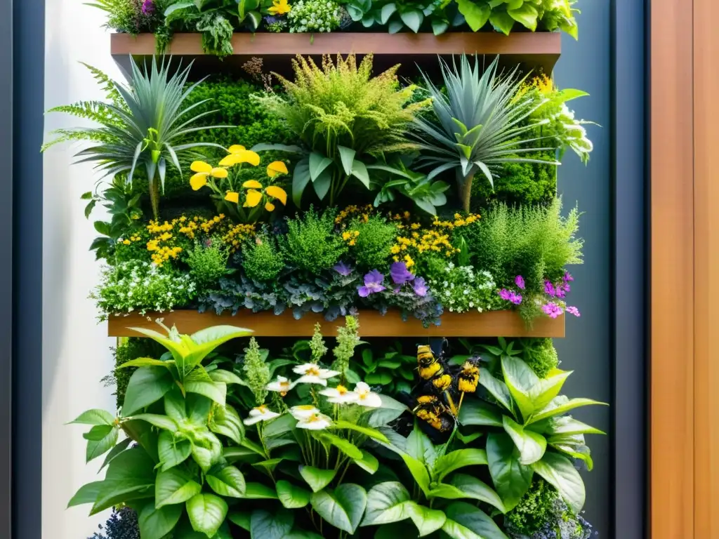 Vibrante jardín vertical con plantas verdes y flores, atrae polinizadores