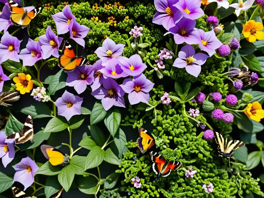 Vibrante jardín vertical con polinizadores vitales, atrayendo mariposas, colibríes y abejas solitarias