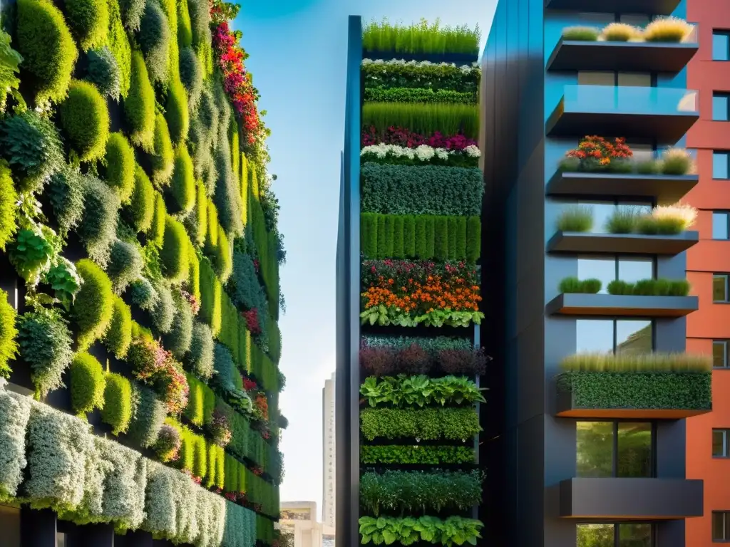 Vibrante jardín vertical urbano con compostaje en huertos verticales urbanos, integrado en la arquitectura moderna de la ciudad