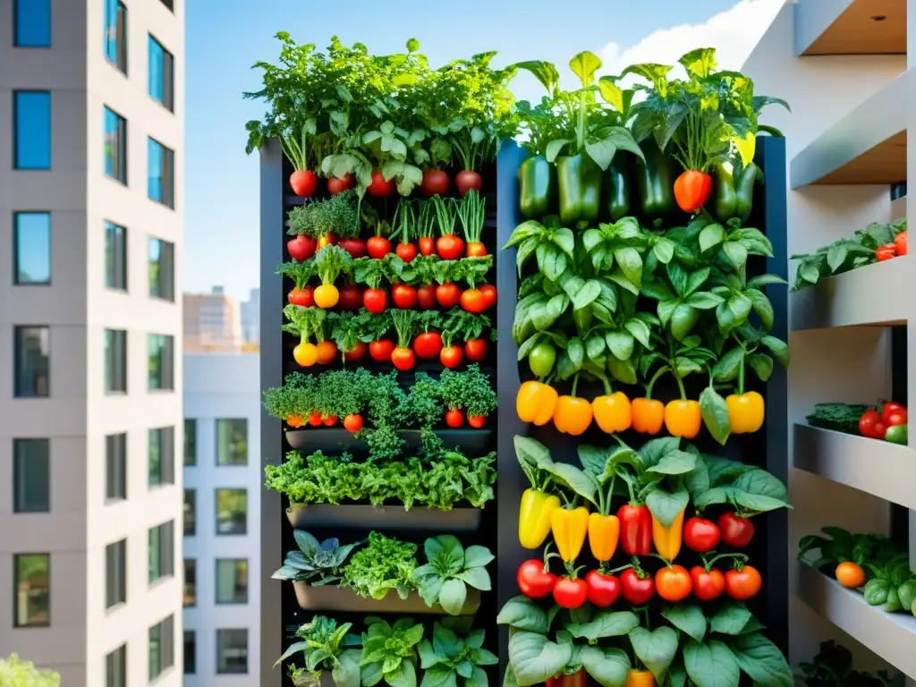 Vibrante jardín vertical urbano con hortalizas y hierbas