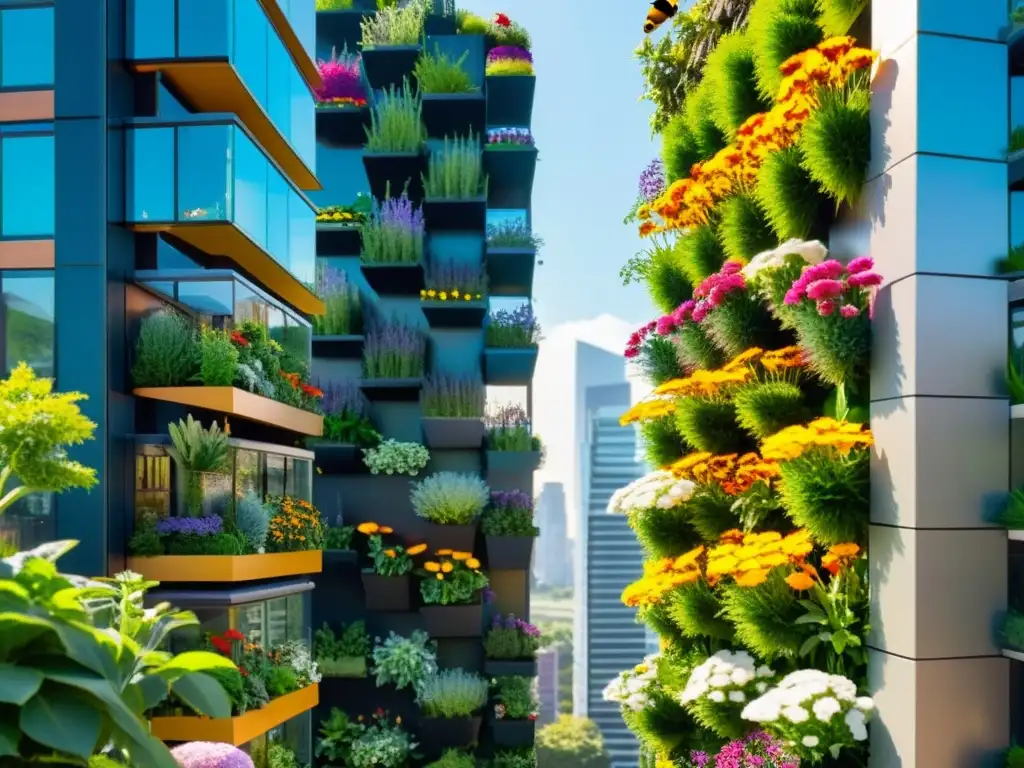 Vibrante jardín vertical urbano resaltando la importancia de la biodiversidad en huertos verticales