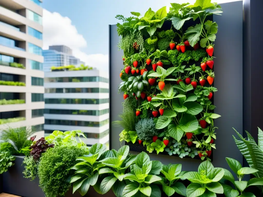 Vibrante jardín vertical urbano con muros verdes comestibles integrados, resaltando la belleza de la naturaleza en la ciudad