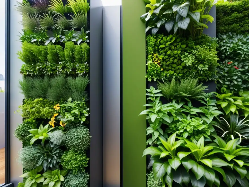 Vibrante jardín vertical urbano con plantas saludables y detallada estructura modular, ideal para monitoreo salud vegetal huertos verticales