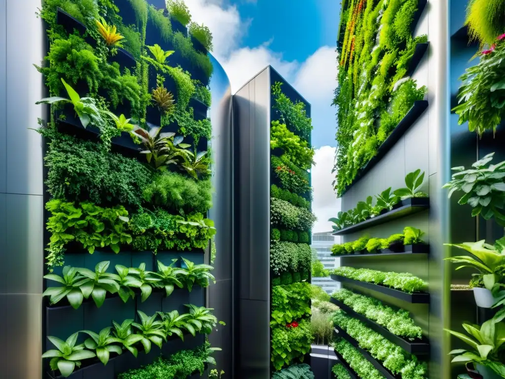 Vibrante jardín vertical urbano con plantas exuberantes