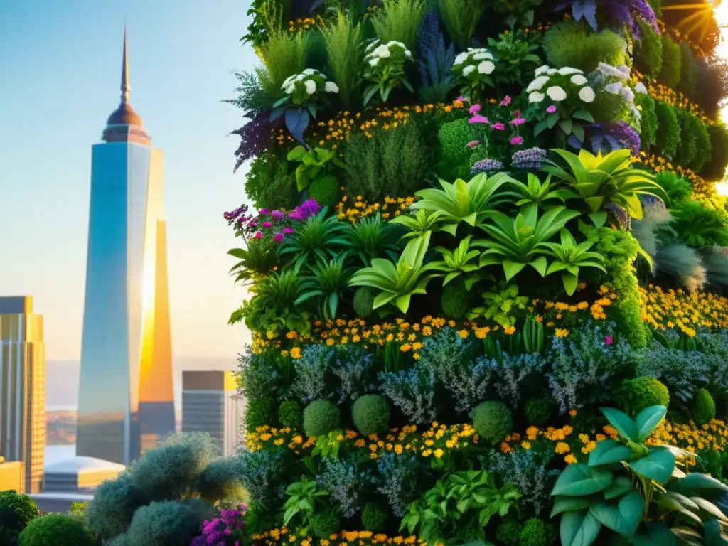 Vibrante jardín vertical urbano con biodiversidad de plantas, polinizadores y arquitectura moderna bañada por el cálido sol