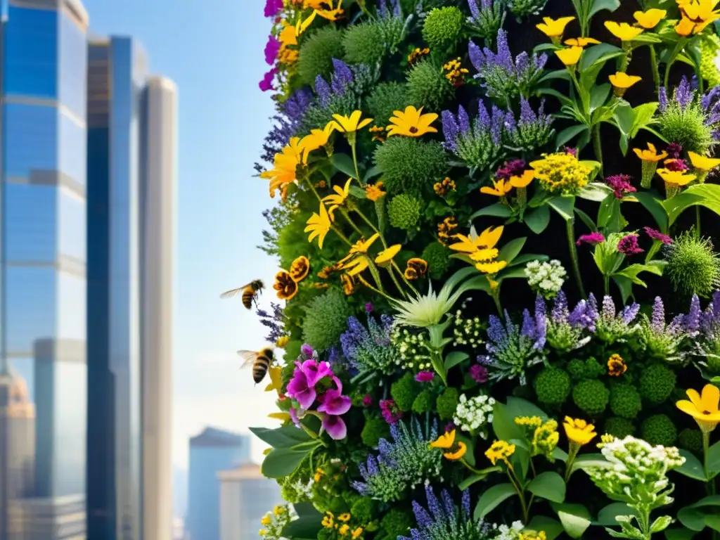 Vibrante jardín vertical urbano con polinización de flores, abejas y mariposas