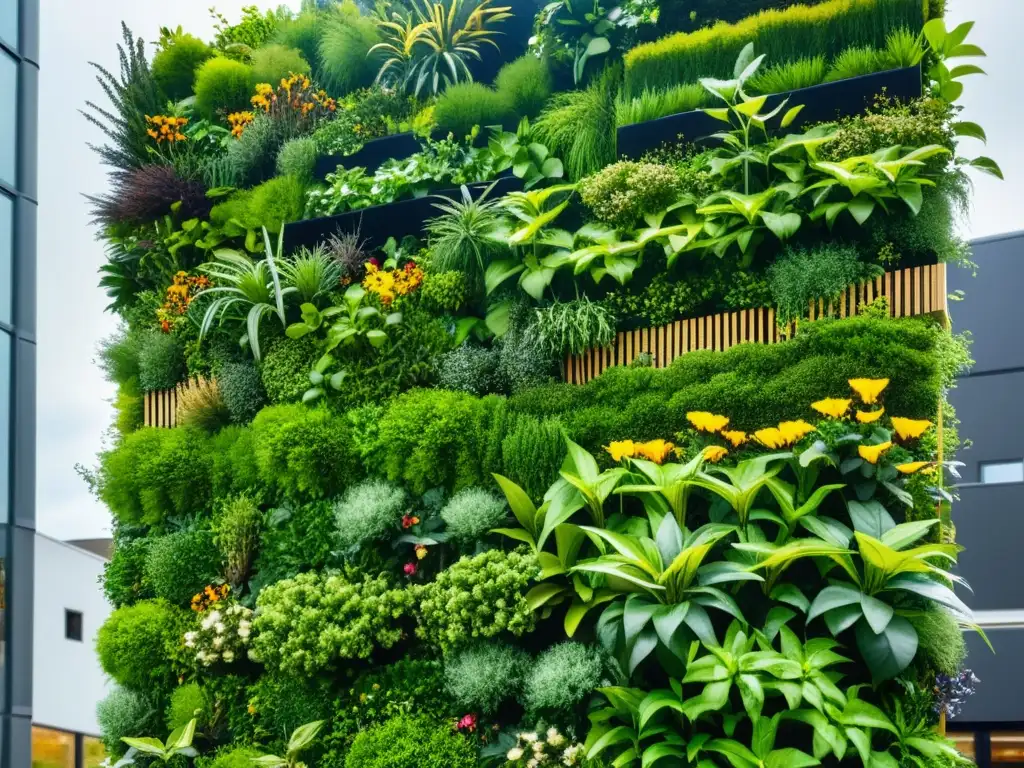 Vibrante jardín vertical urbano con polinización de plantas y biodiversidad