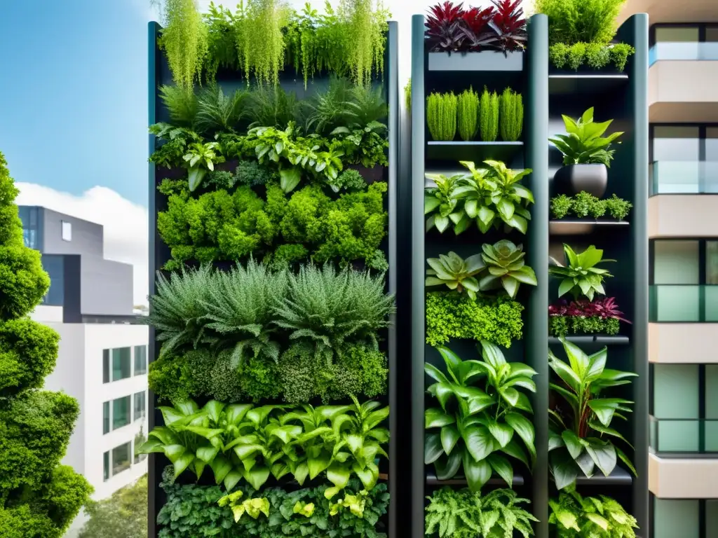 Vibrante jardín vertical urbano con sensores para huertos verticales compactos