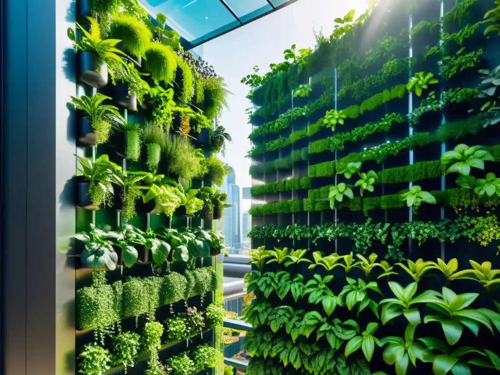 Vibrante jardín vertical urbano con tecnología de automatización de huertos verticales urbanos en un entorno futurista y moderno