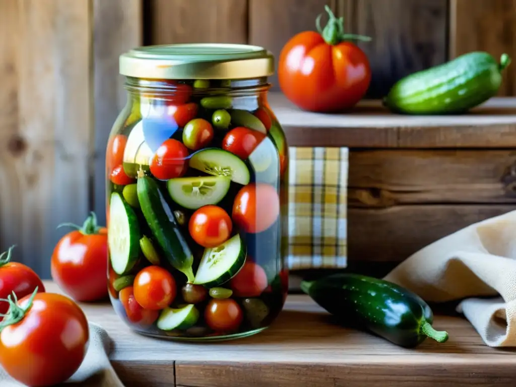 Vibrantes conservas caseras de tomates y pepinos urbanos en frasco de vidrio sobre mesa rústica