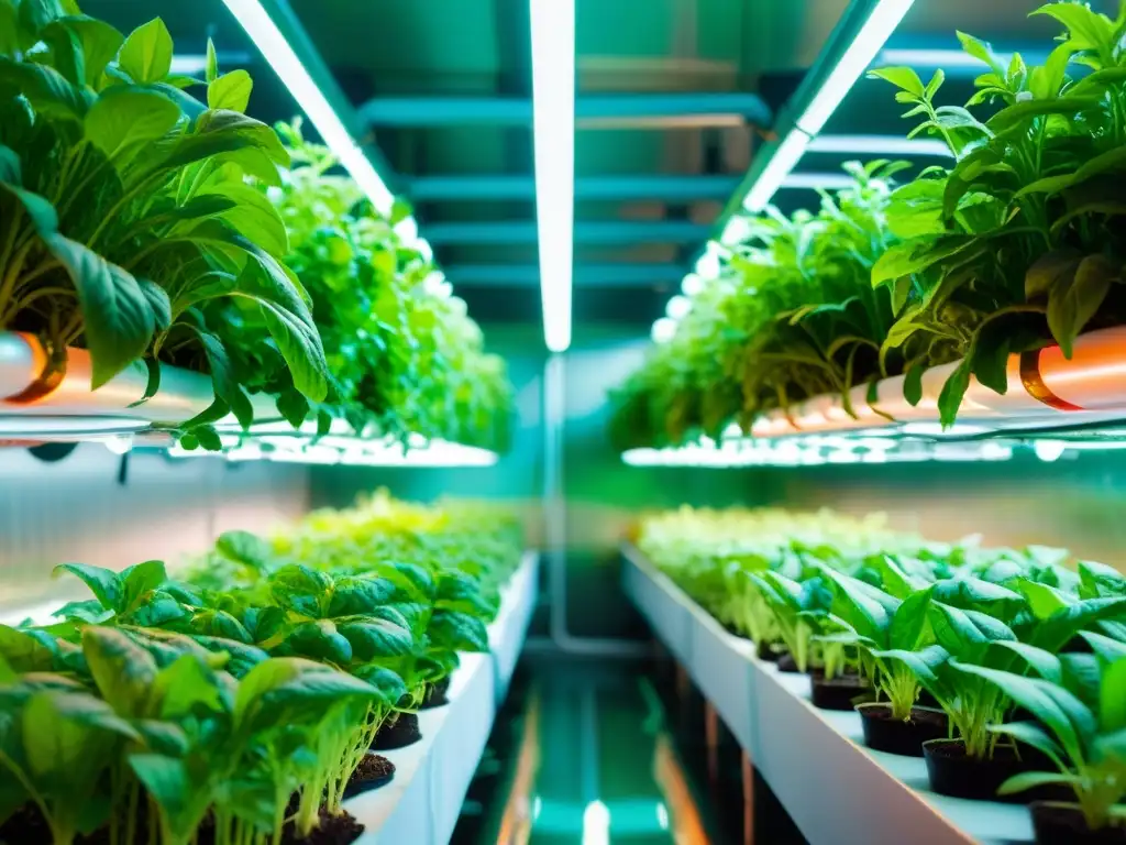 Espléndida imagen 8k de cultivos acuapónicos vibrantes y exuberantes Vibrantes cultivos acuapónicos mejoran absorción de magnesio en ambiente moderno y limpio